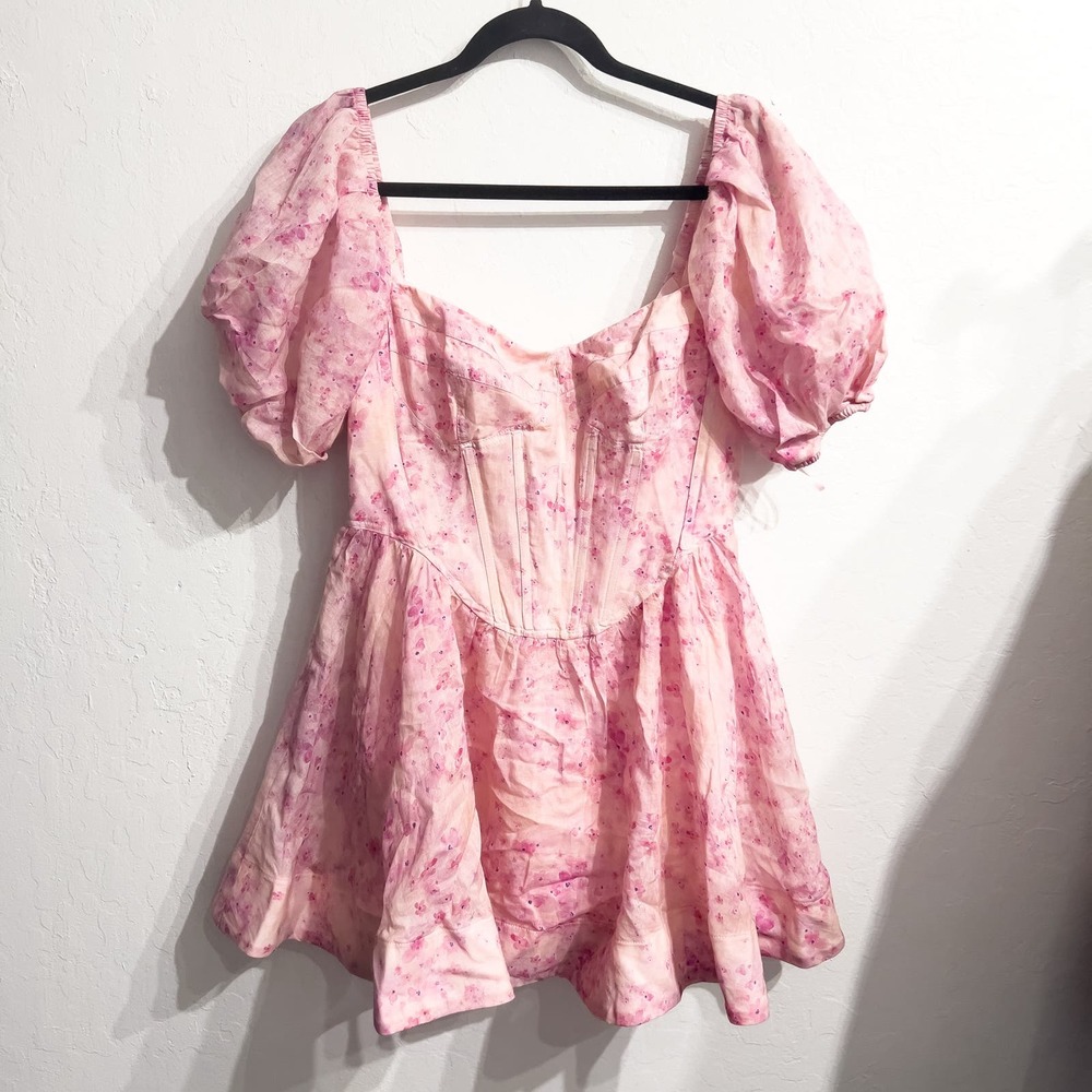 Bardot Kian Corset Mini Dress Puff Sleeve Floral Medium Pink Coqeutte Girly